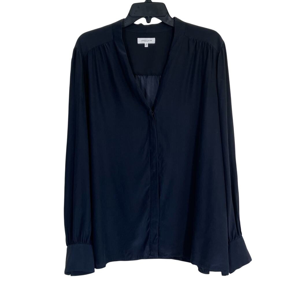 Lafayette 148 Womens XXL Black 100% Silk Collarless Blouse Shirt Elegant Modest - Picture 2 of 15